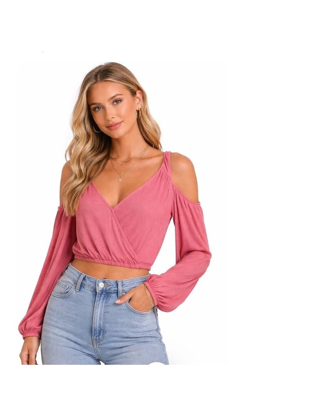 Pink Long Sleeve Crop Top Shirt Blouse Small